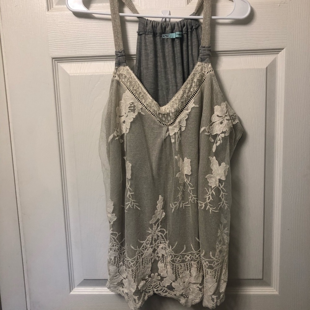 Gray Tank with soft cream & gold lace overlay